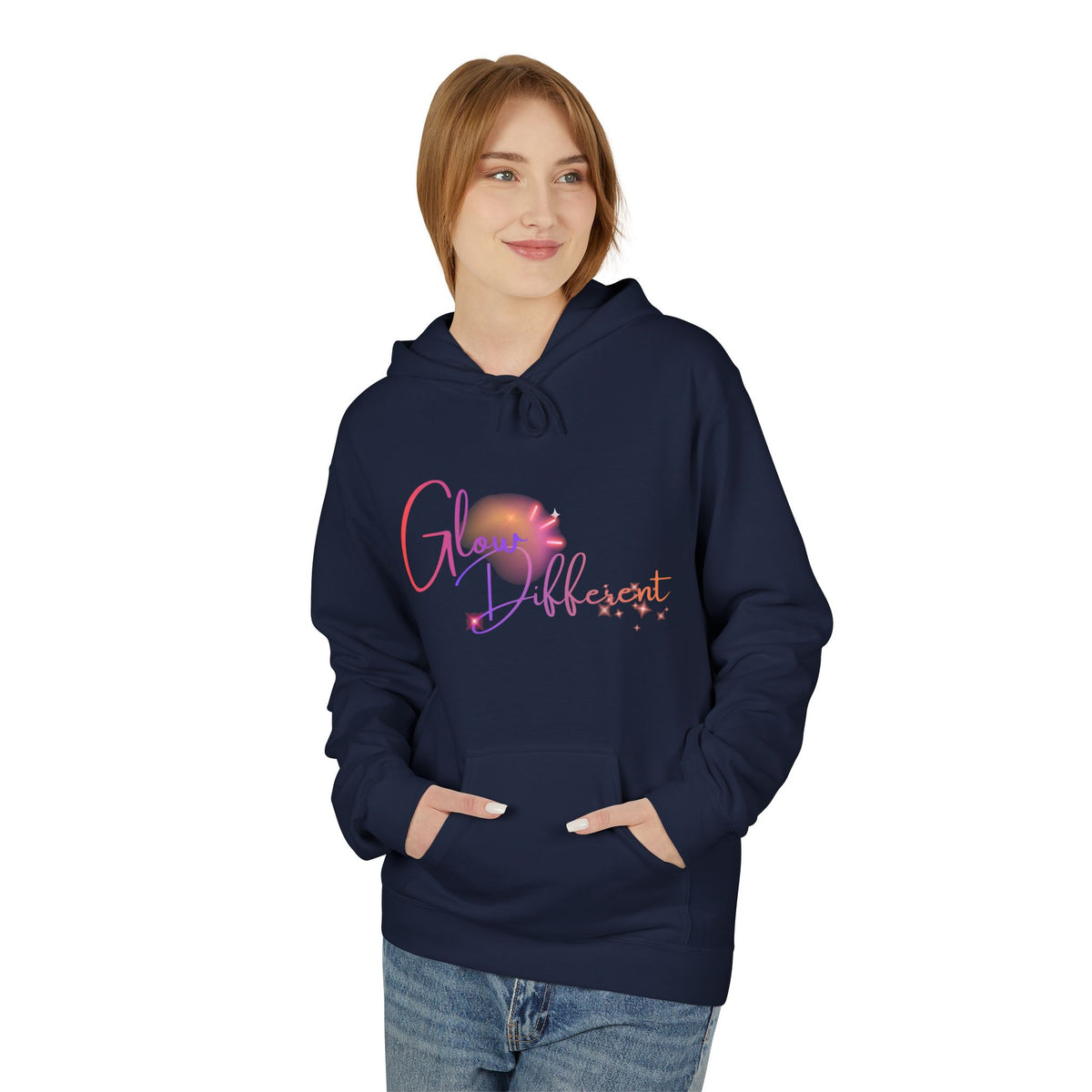 Glow Different Hoodie — Pastel Brush Script Inspirational Pullover
