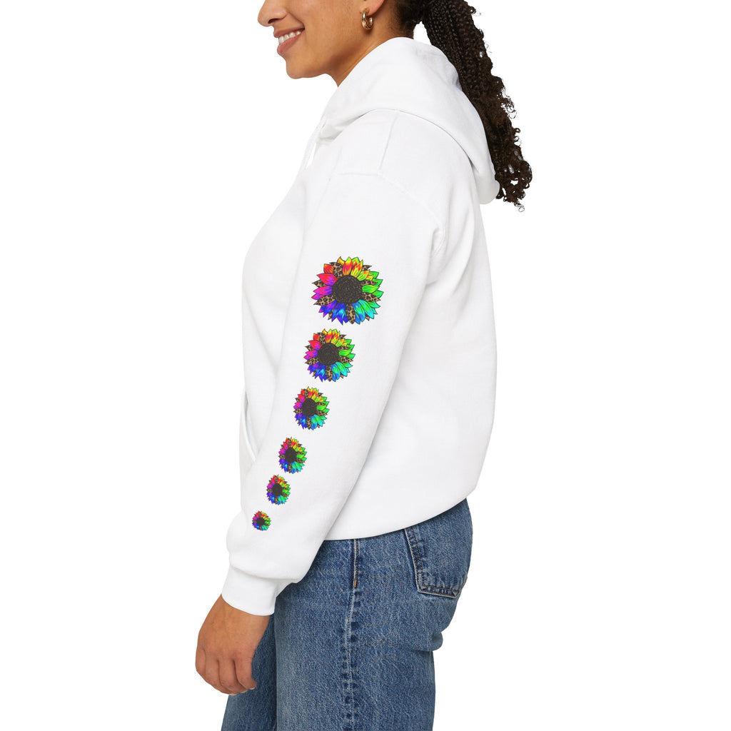 Inspirational Floral Hoodie – "Your Smile is Kind & Beautiful" Rainbow Sunflower Cozy Pullover