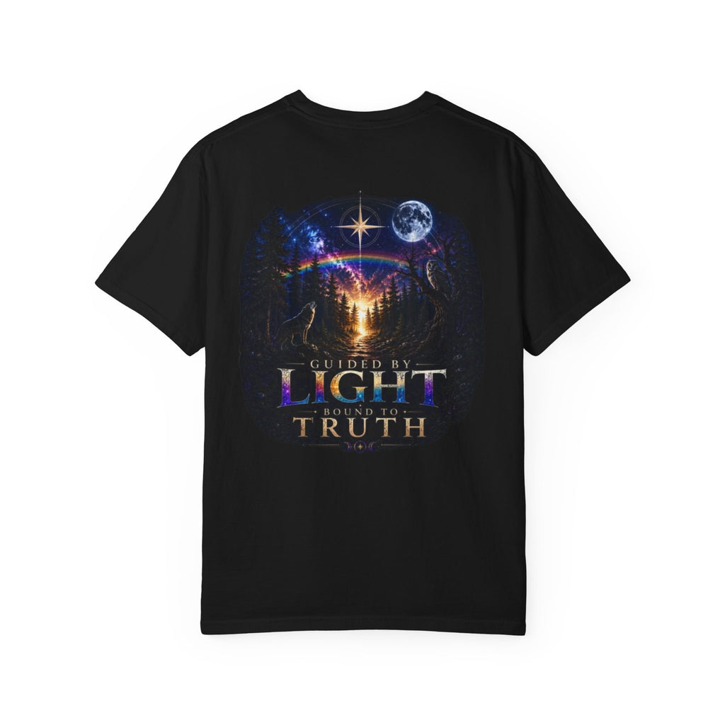 T-Shirt — "Guided by Light, Bound to Truth" Cosmic Forest Graphic