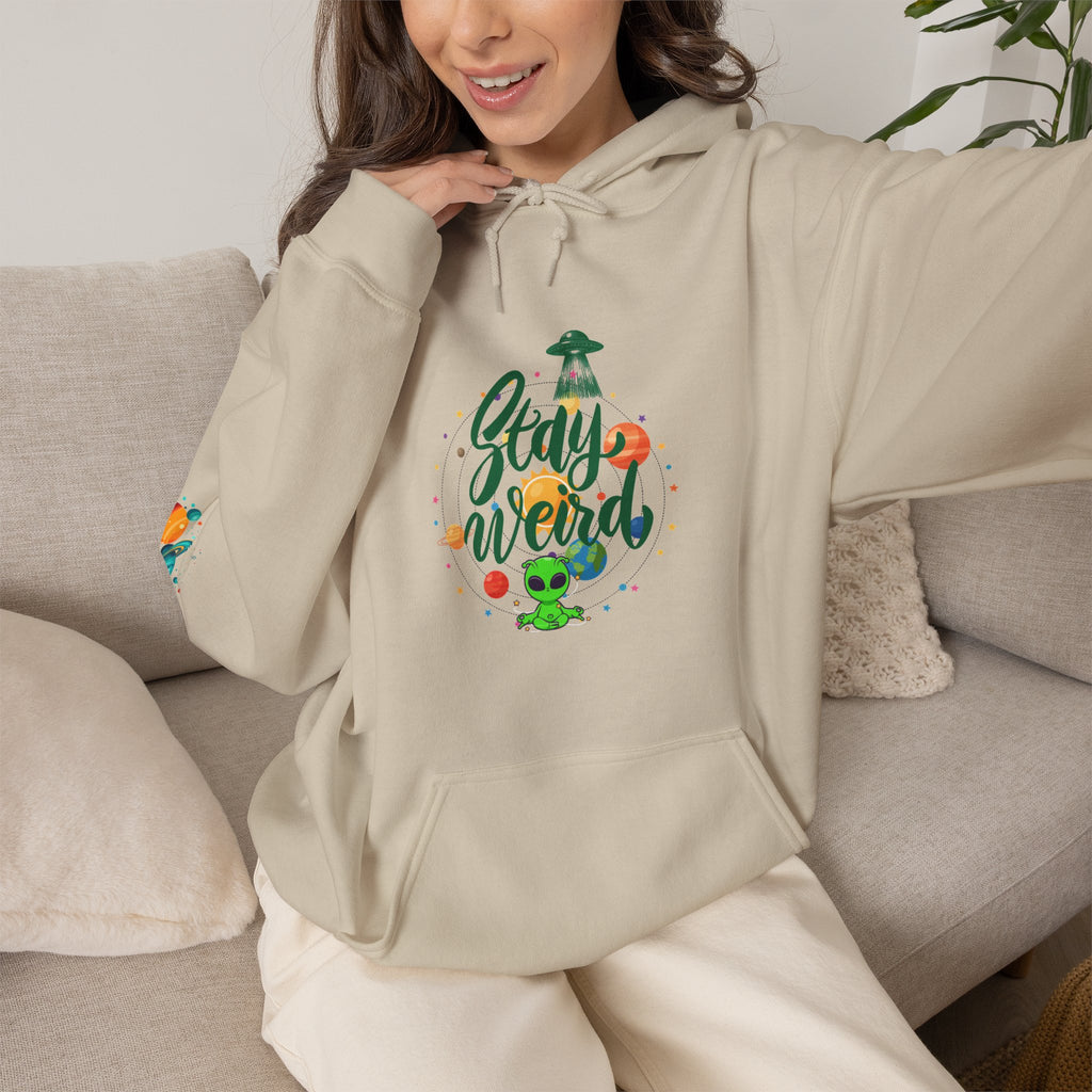 Stay Weird Premium Hoodie | Alien & Space Graphic Hoodie | Front, Back & Sleeve Print | Boutique UFO Apparel
