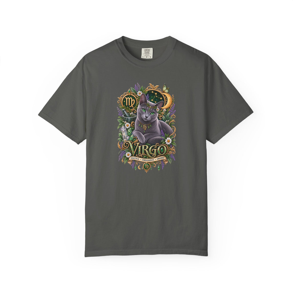 Virgo Cat Zodiac T-Shirt — Virgo Astrology Tee with Russian Blue & Floral Design