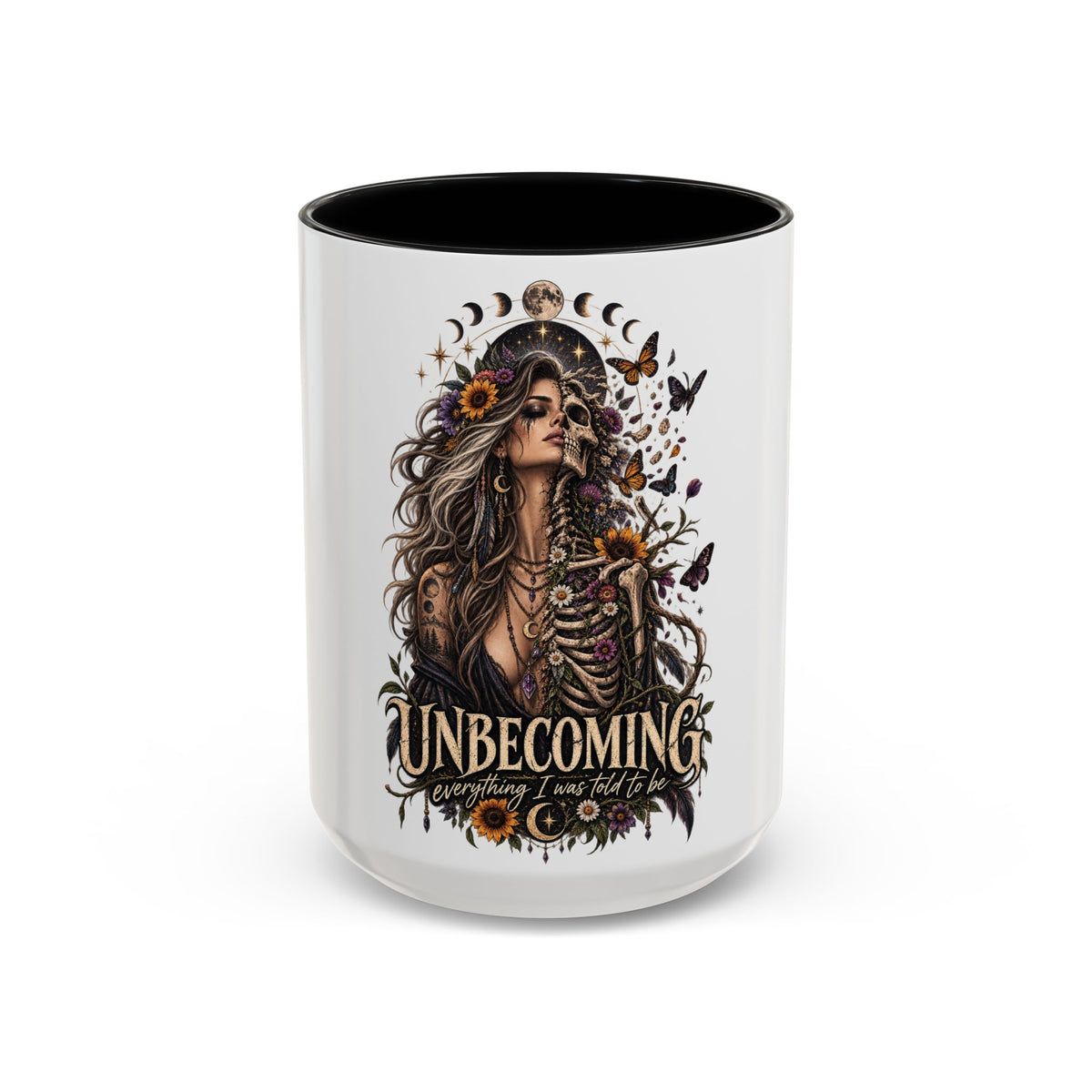 Unbecoming Empowerment Coffee Mug — Sunflowers Woman Skeleton & Moon Phases 11/15oz Accent Mug