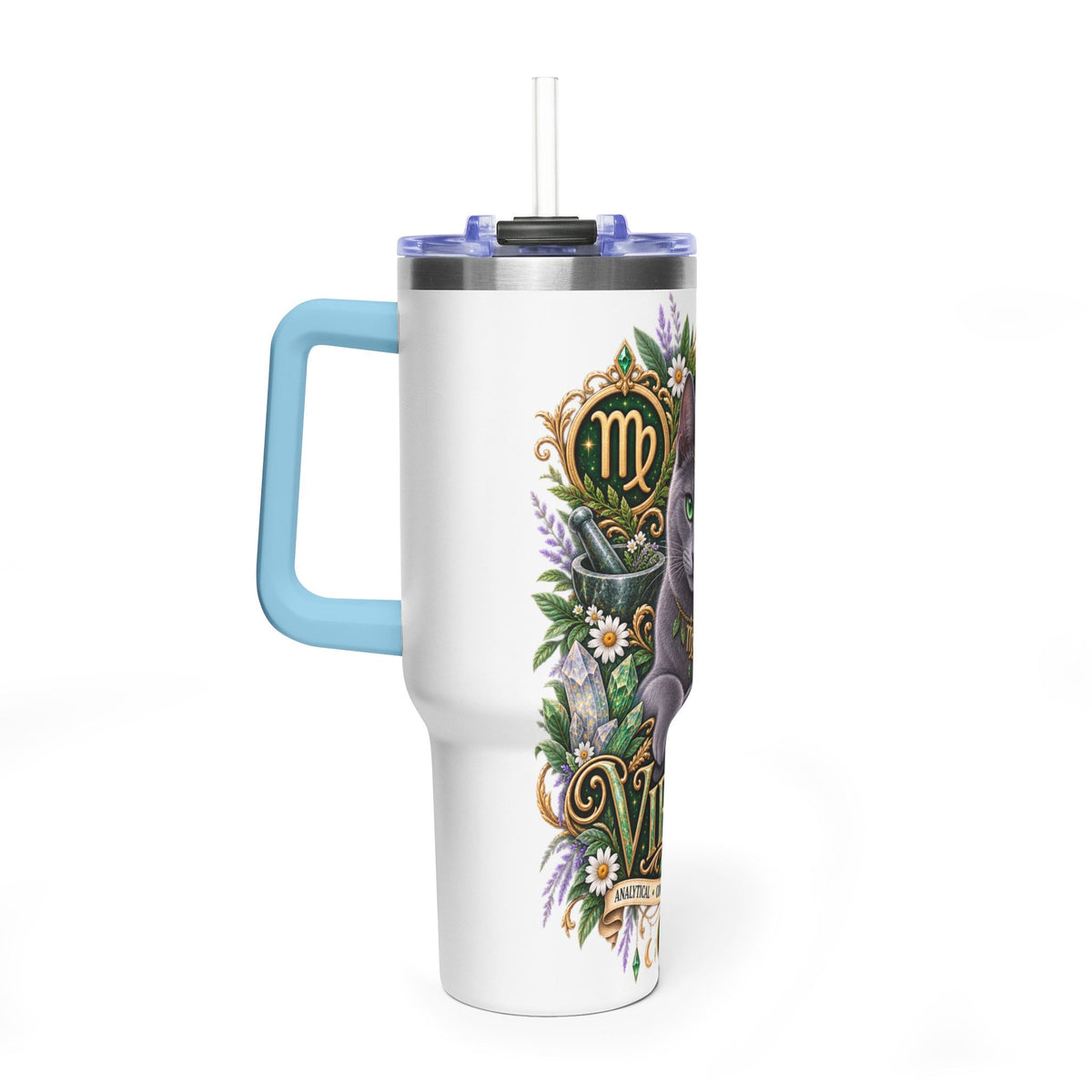 Virgo Cat 40oz Thermal Tumbler — Russian Blue Zodiac Astrology Travel Mug