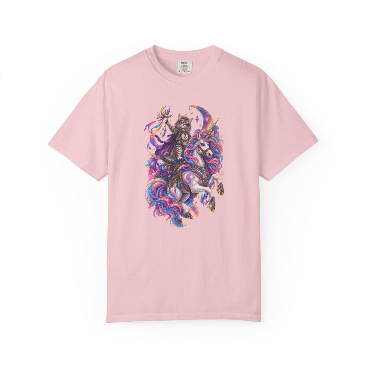 Cat Riding a Mystical Unicorn Horse Graphic T-Shirt — Colorful Cosmic Mane Art Tee
