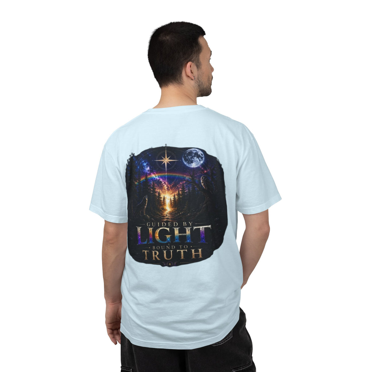 T-Shirt — "Guided by Light, Bound to Truth" Cosmic Forest Graphic