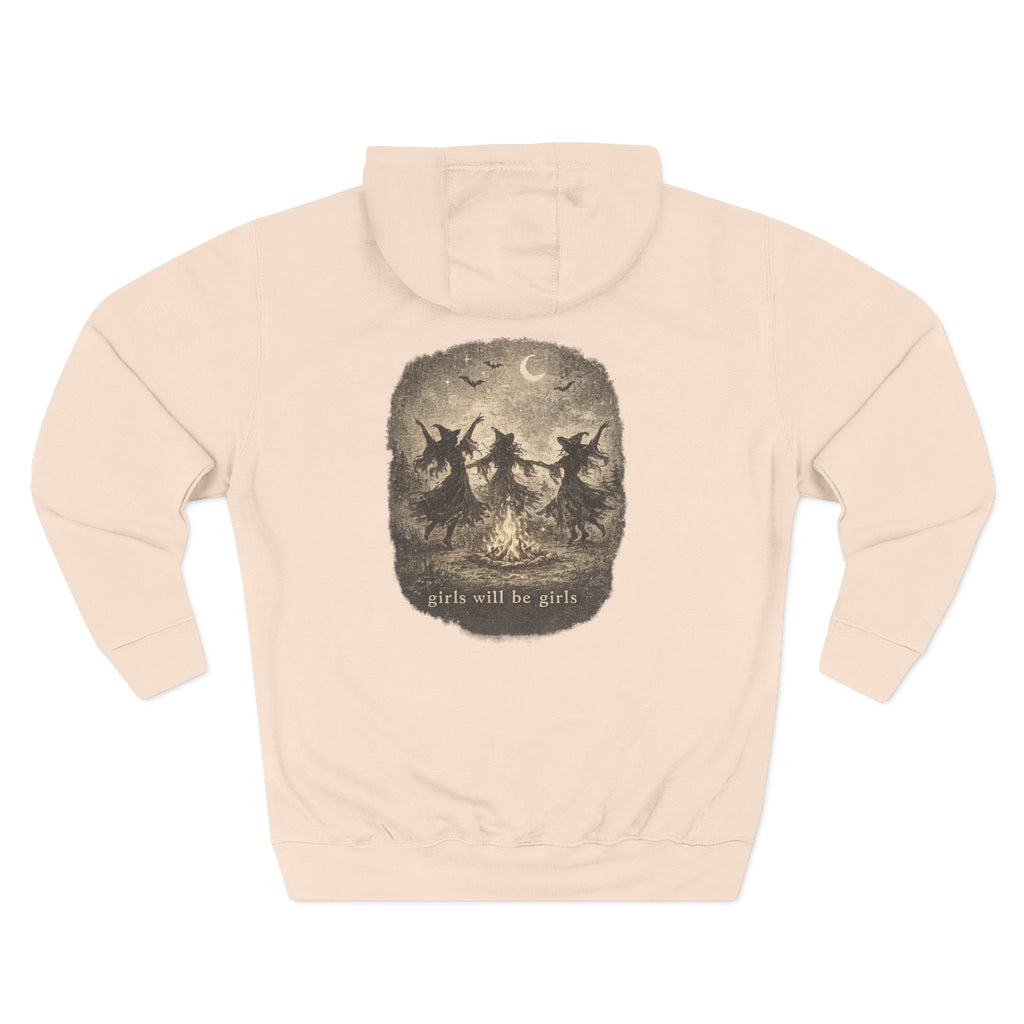Witchy Trio Graphic Hoodie – 'Girls Will Be Girls' Vintage Moonback Sweatshirt