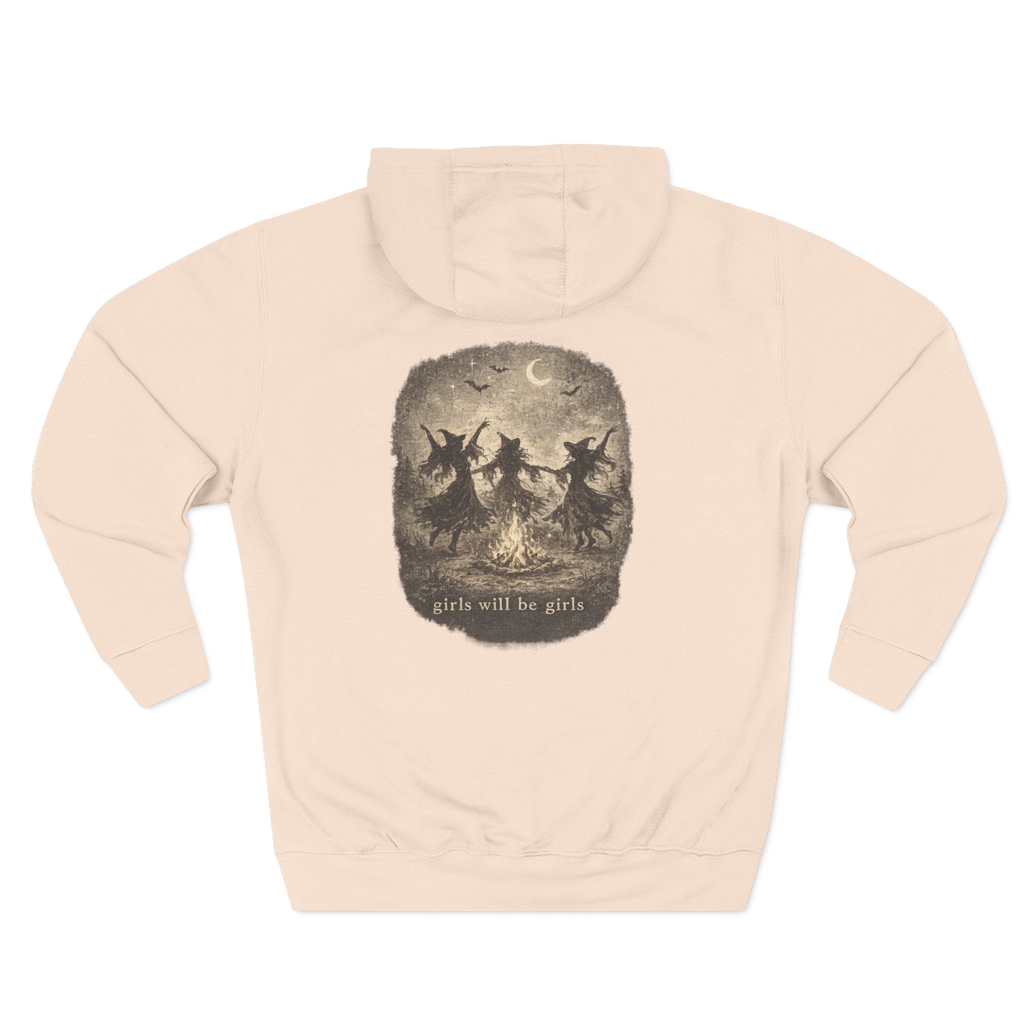 Witchy Trio Graphic Hoodie – 'Girls Will Be Girls' Vintage Moonback Sweatshirt