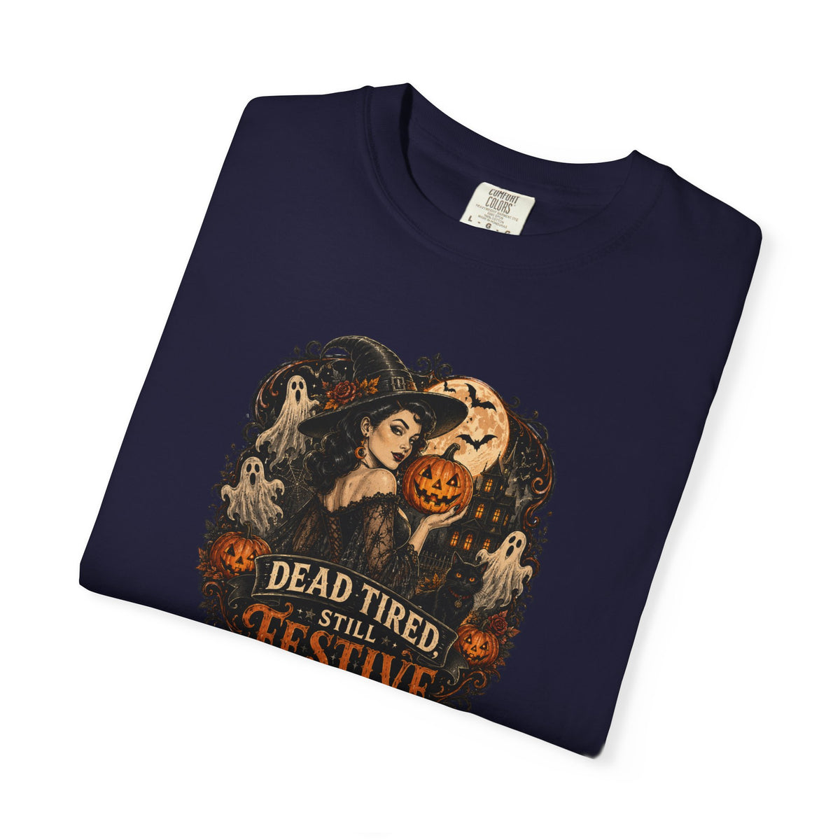 Halloween Graphic T-Shirt — "Dead Tired but Festive" Vintage Horror Pumpkin Tee