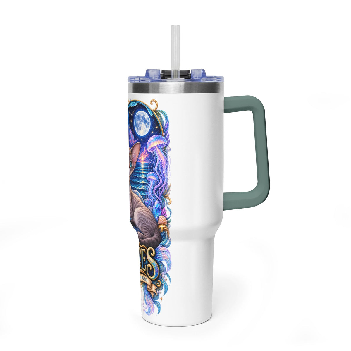 Pisces Devon Rex Cat 40oz Tumbler — Zodiac Vacuum Insulated Travel Cup