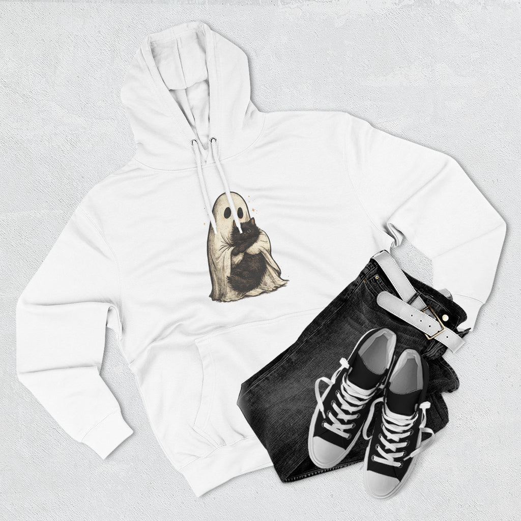 Ghost Hugging Black Cat Fleece Hoodie — Cute Ghost Hugging Black Cat Cozy Pullover