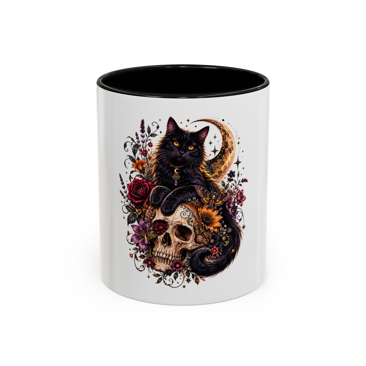 Cat & Skull Accent Coffee Mug — Gothic Black Cat Art Coffee Cup (11/15oz)