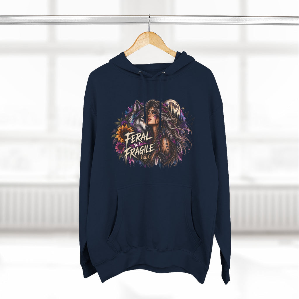 Feral Not Fragile Wolf & Woman Graphic Hoodie — Wildlife Fleece Pullover