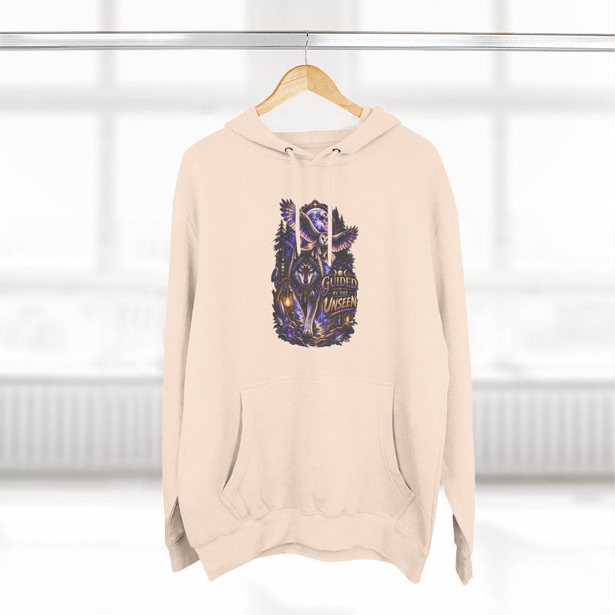Witchy Owl and Wolf Fleece Hoodie - Mystical Night Forest Graphic- Guided by the Unseen