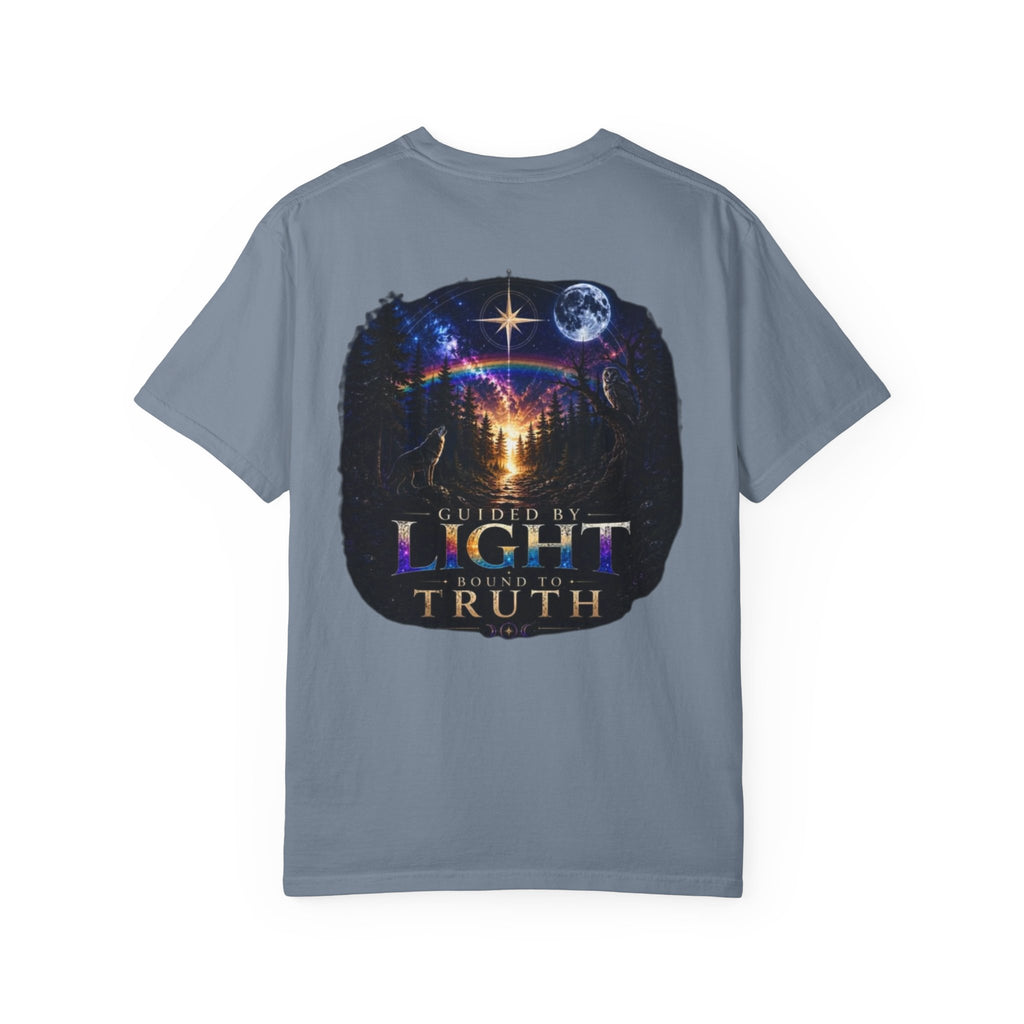 T-Shirt — "Guided by Light, Bound to Truth" Cosmic Forest Graphic
