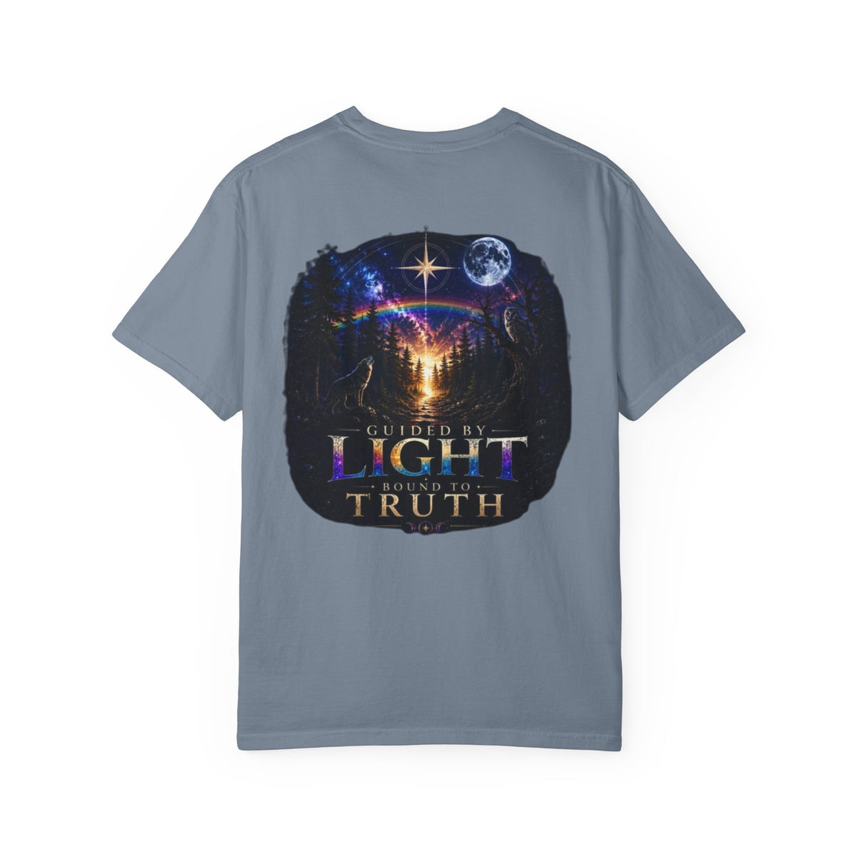 T-Shirt — "Guided by Light, Bound to Truth" Cosmic Forest Graphic
