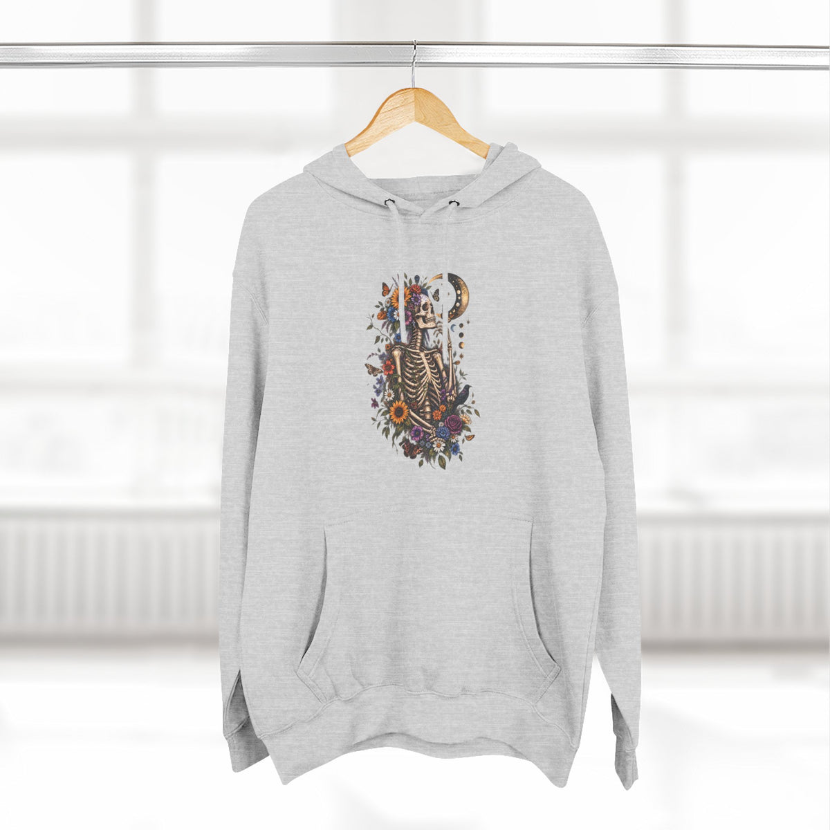 Skeleton Moon Floral Hoodie – Gothic Botanical Graphic Pullover