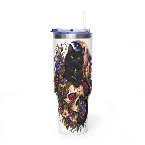 40oz Cat & Skull Thermal Tumbler – Gothic Floral Insulated Travel Mug