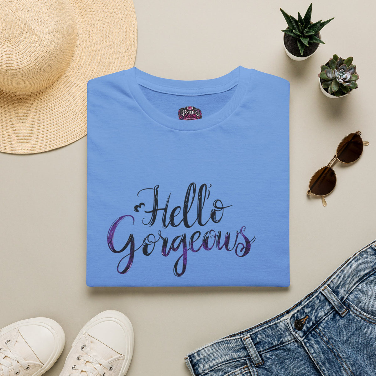 T-Shirt — "Hello Gorgeous" Purple Black Script Graphic Tee