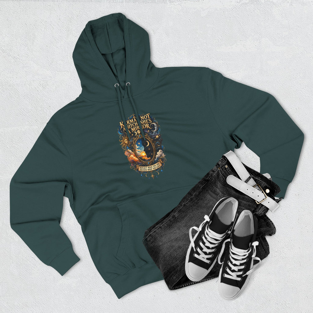 "Karma's not a Bitch she's a Mirror" Hoodie — Spiritual Boho Graphic Pullover