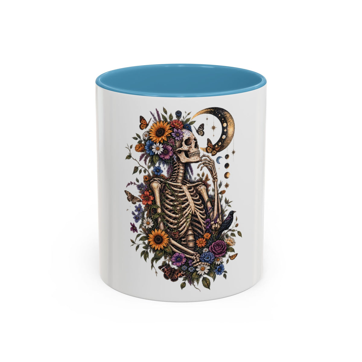 Skull & Moon Floral Coffee Mug — Gothic Botanical Accent Mug