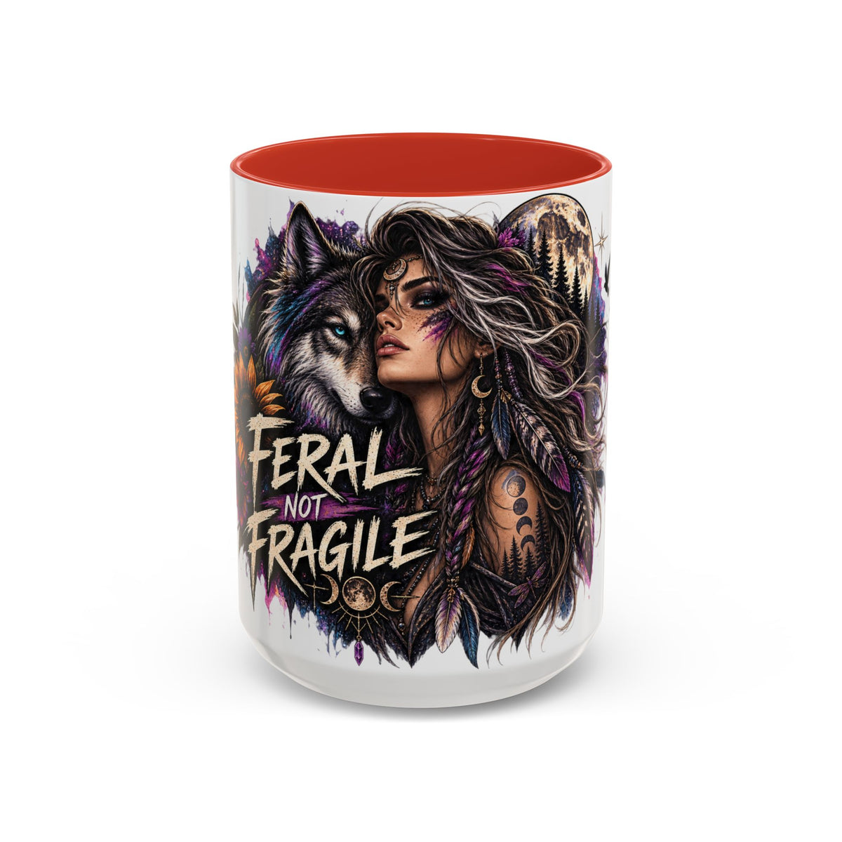Feral Not Fragile Accent Coffee Mug — Wolf Goddess 11oz/15oz
