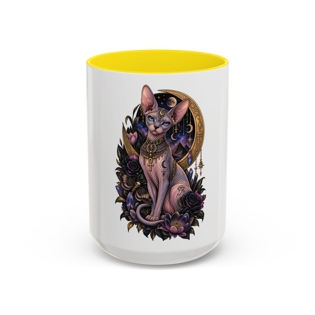 Mystic Sphynx Cat Coffee Mug — Magical Moon & Floral Accent (11/15 oz)