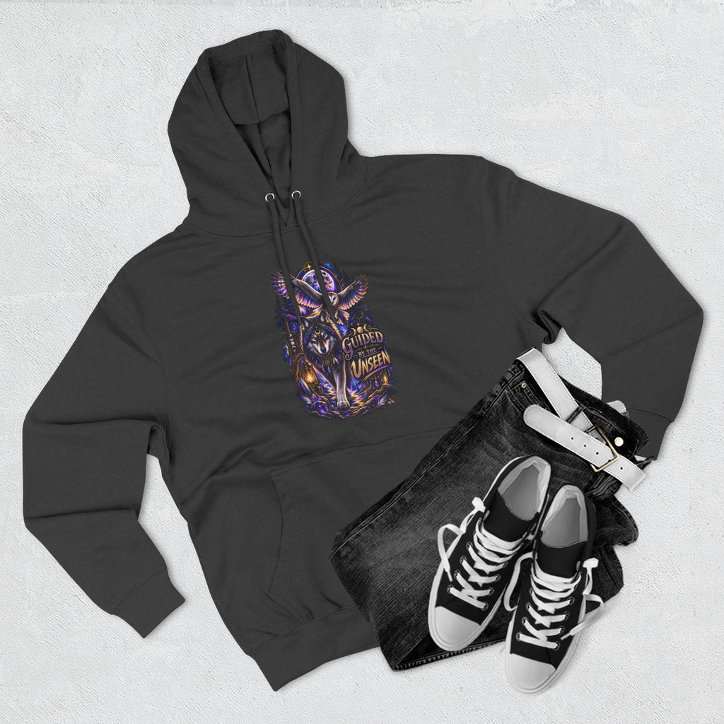 Witchy Owl and Wolf Fleece Hoodie - Mystical Night Forest Graphic- Guided by the Unseen