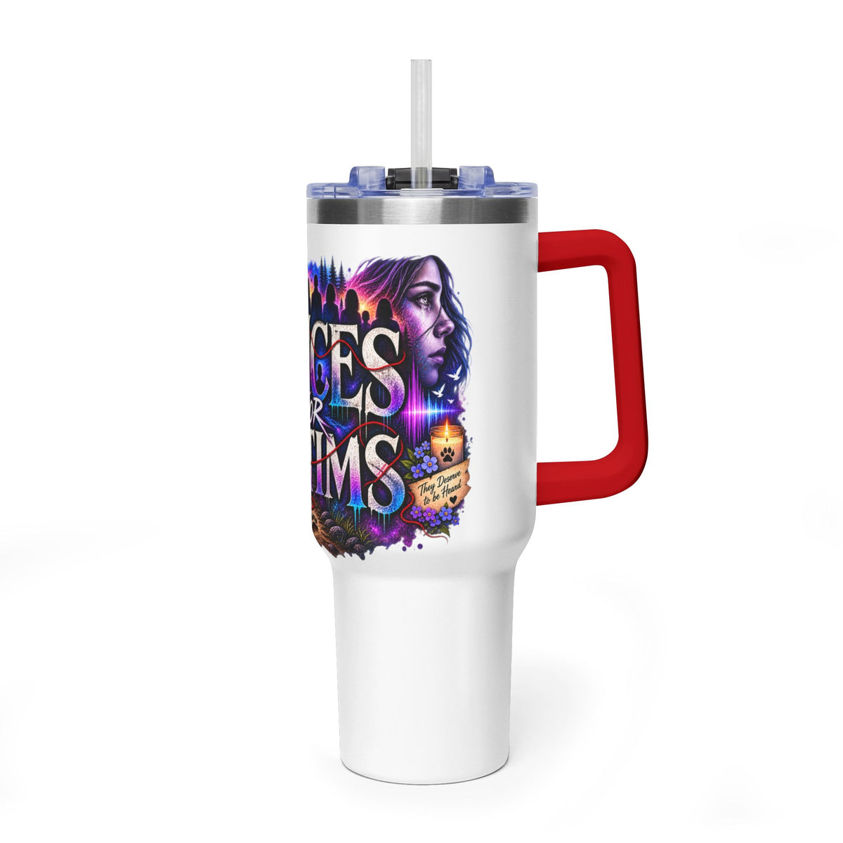 40oz Vacuum Tumbler - "Voices for Victims" Purple Feather Design
