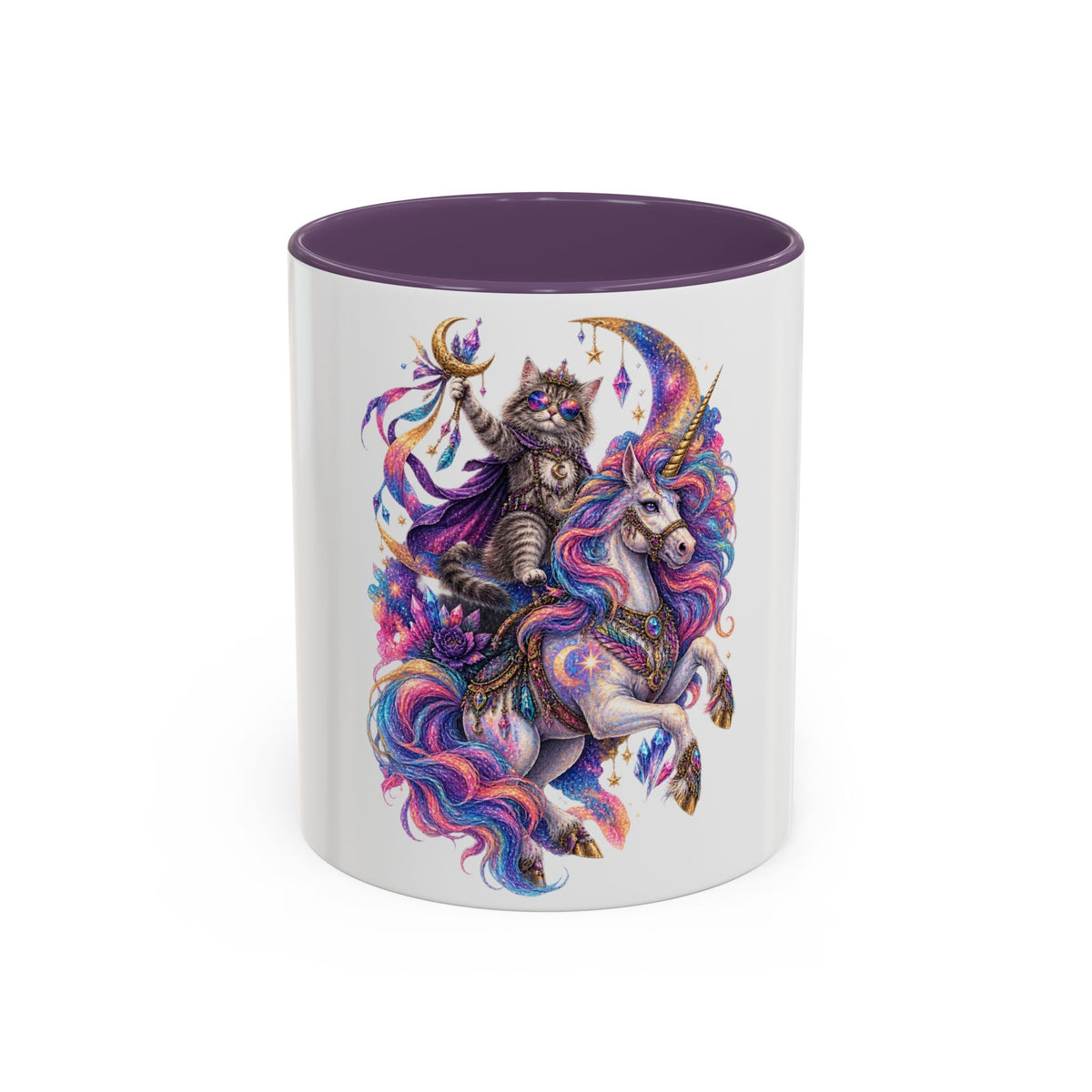 Magical Cat Knight on Unicorn Accent Coffee Mug — Colorful Fantasy 11/15oz