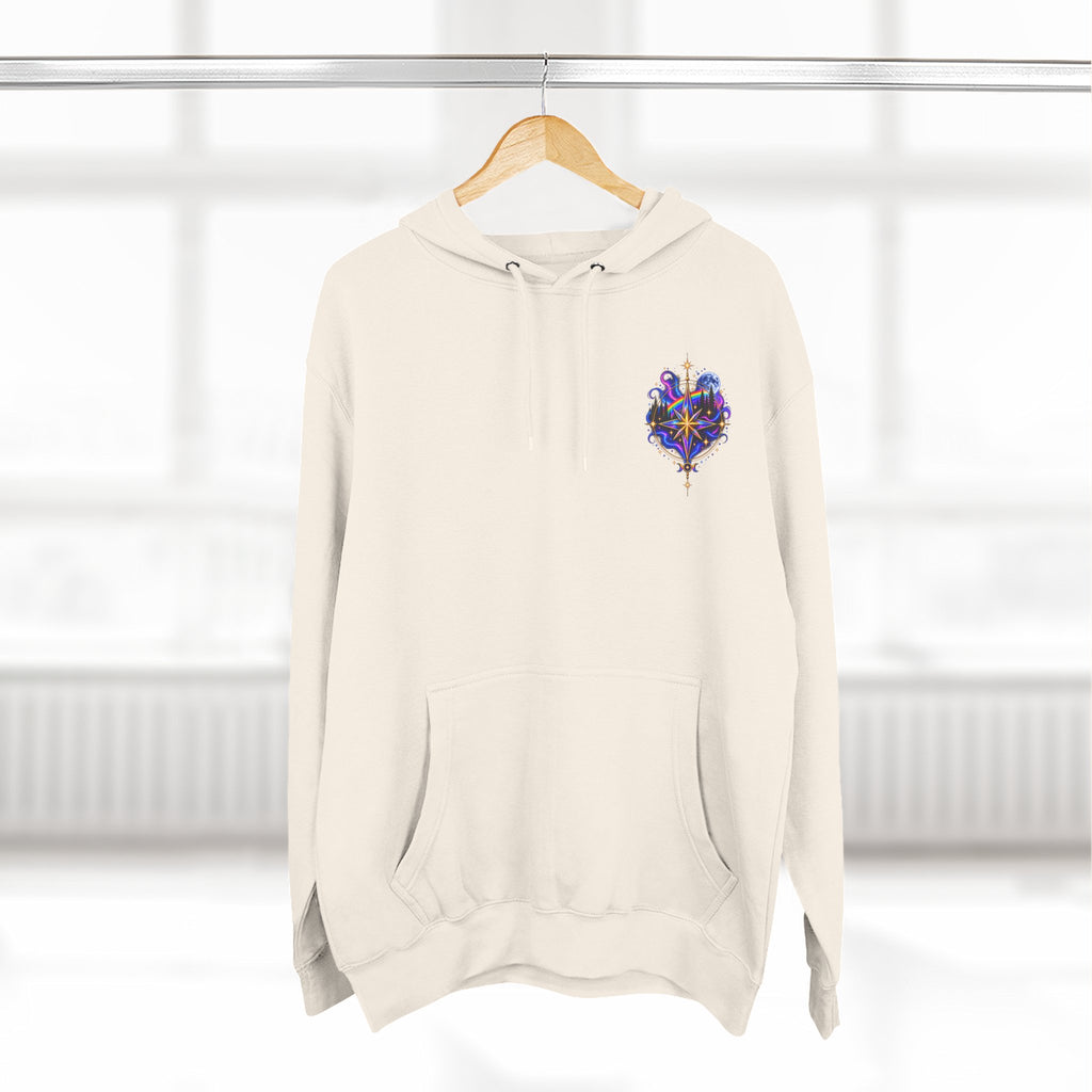 Guided by Light Bound toTruth Fleece Hoodie — Spiritual Galaxy Chest Emblem & Backscape Design