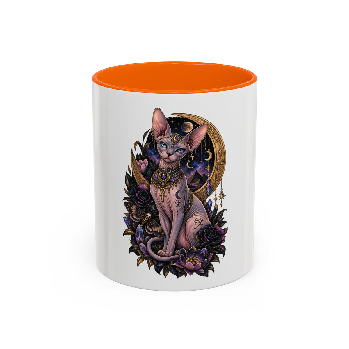 Mystic Sphynx Cat Coffee Mug — Magical Moon & Floral Accent (11/15 oz)