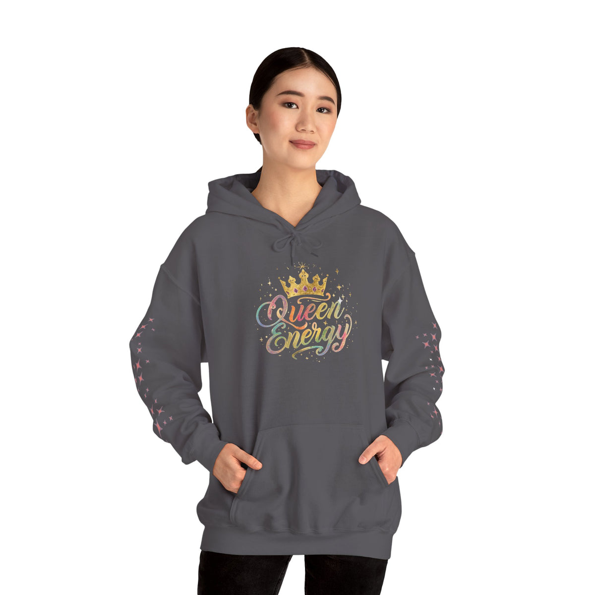 Queen Energy Hoodie — Feminine Crown Graphic Pullover with Star Sleeve Accents