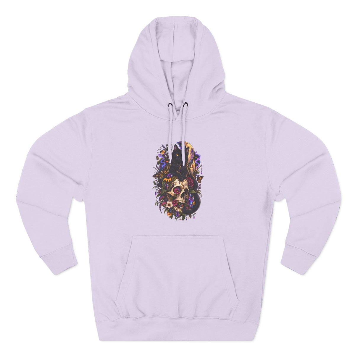 Skull Black Cat Hoodie — Romantic Gothic Floral Skull Graphic Fleece Pullover
