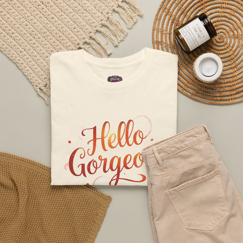Hello Gorgeous Sunset T-Shirt — Feminine Script Graphic Tee