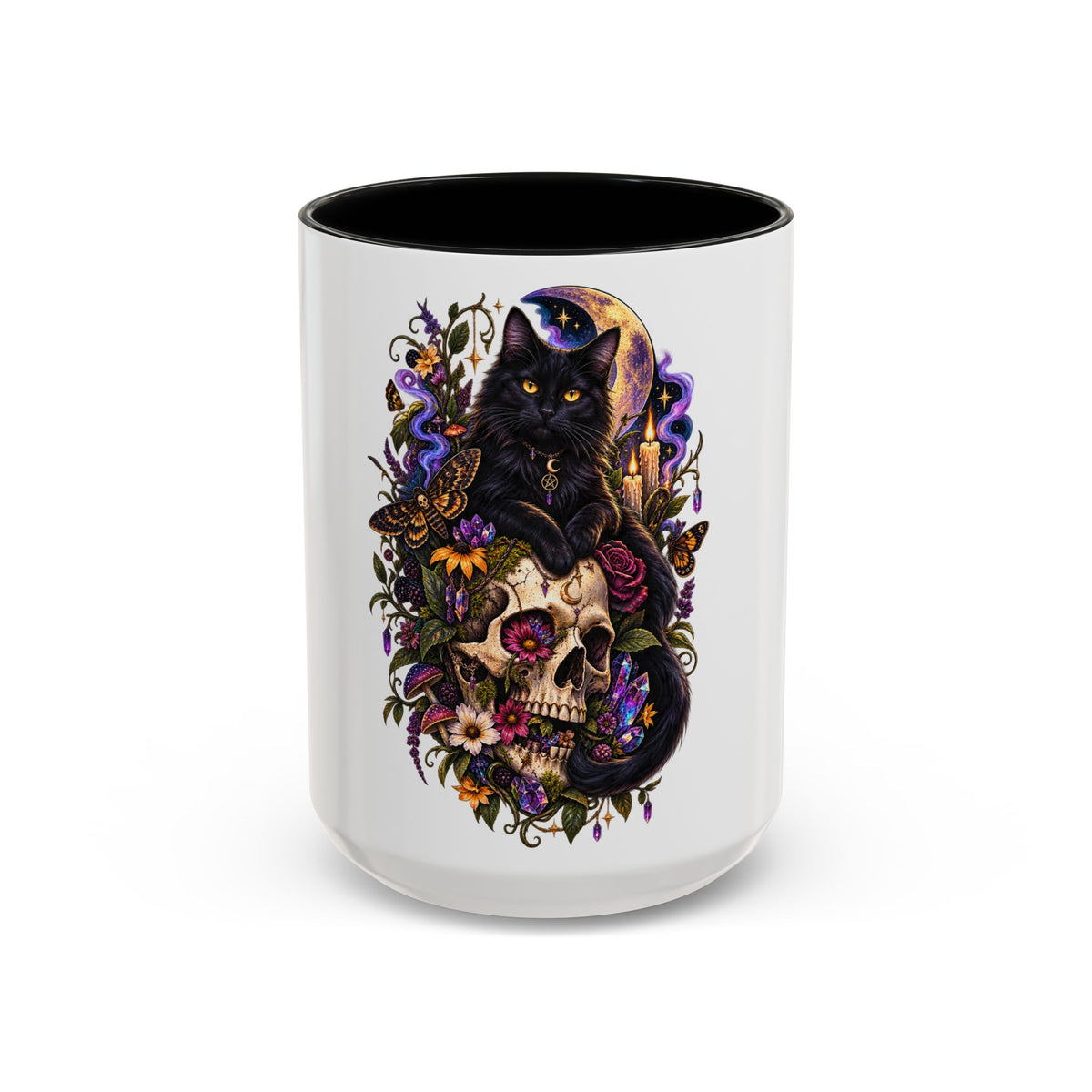 Black Cat & Skull Floral Accent Coffee Mug — Gothic Halloween Coffee Cup (11/15oz)