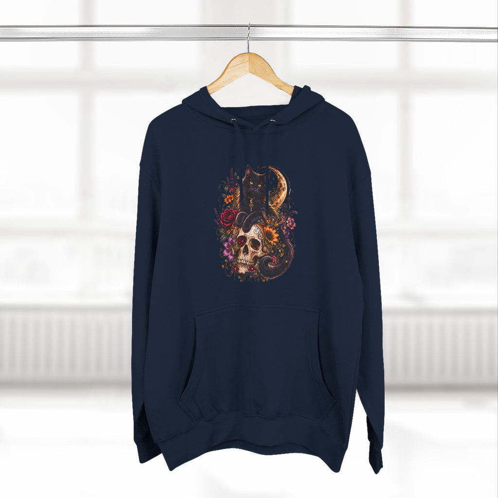 Skull & Cat Hoodie — Romantic Gothic Celestial Moon Graphic Fleece Pullover
