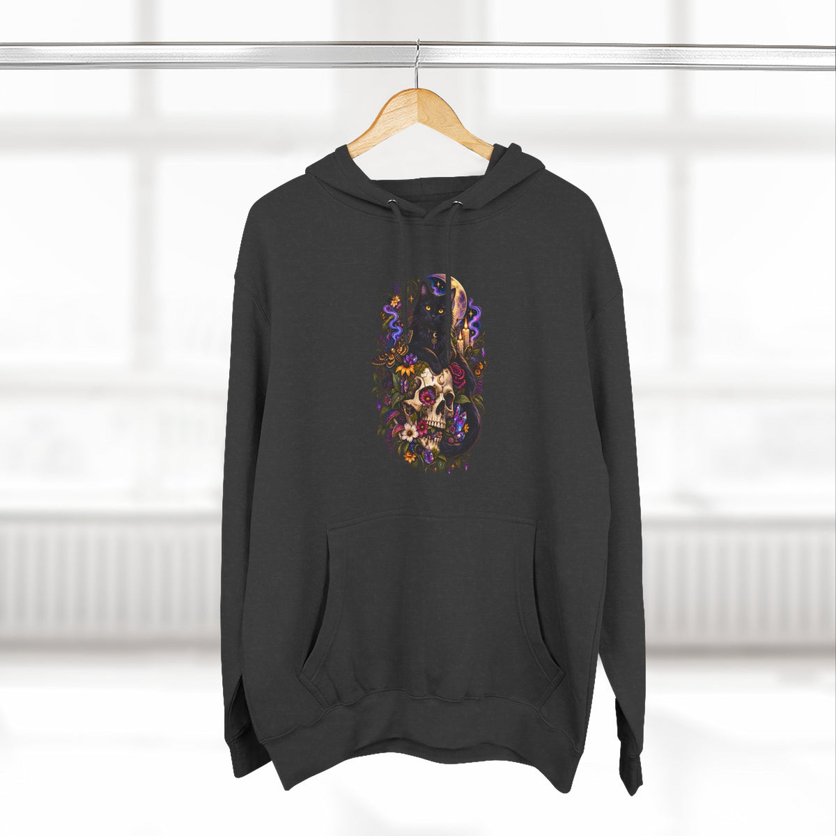 Skull Black Cat Hoodie — Romantic Gothic Floral Skull Graphic Fleece Pullover