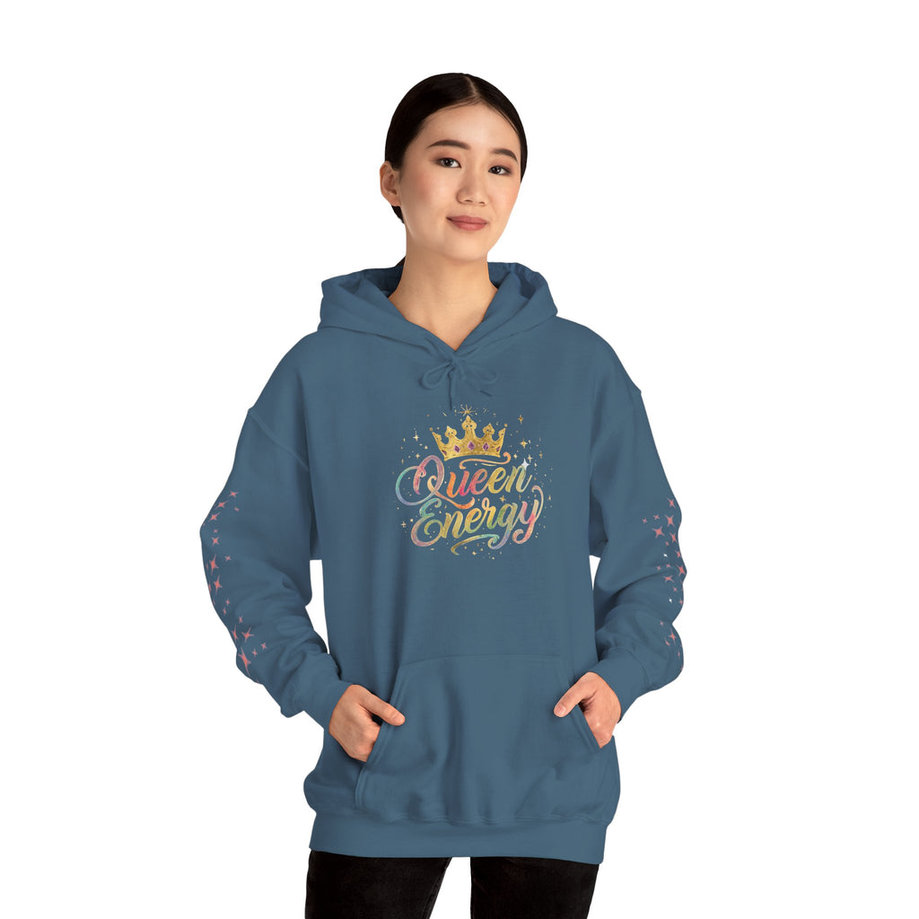 Queen Energy Hoodie — Feminine Crown Graphic Pullover with Star Sleeve Accents