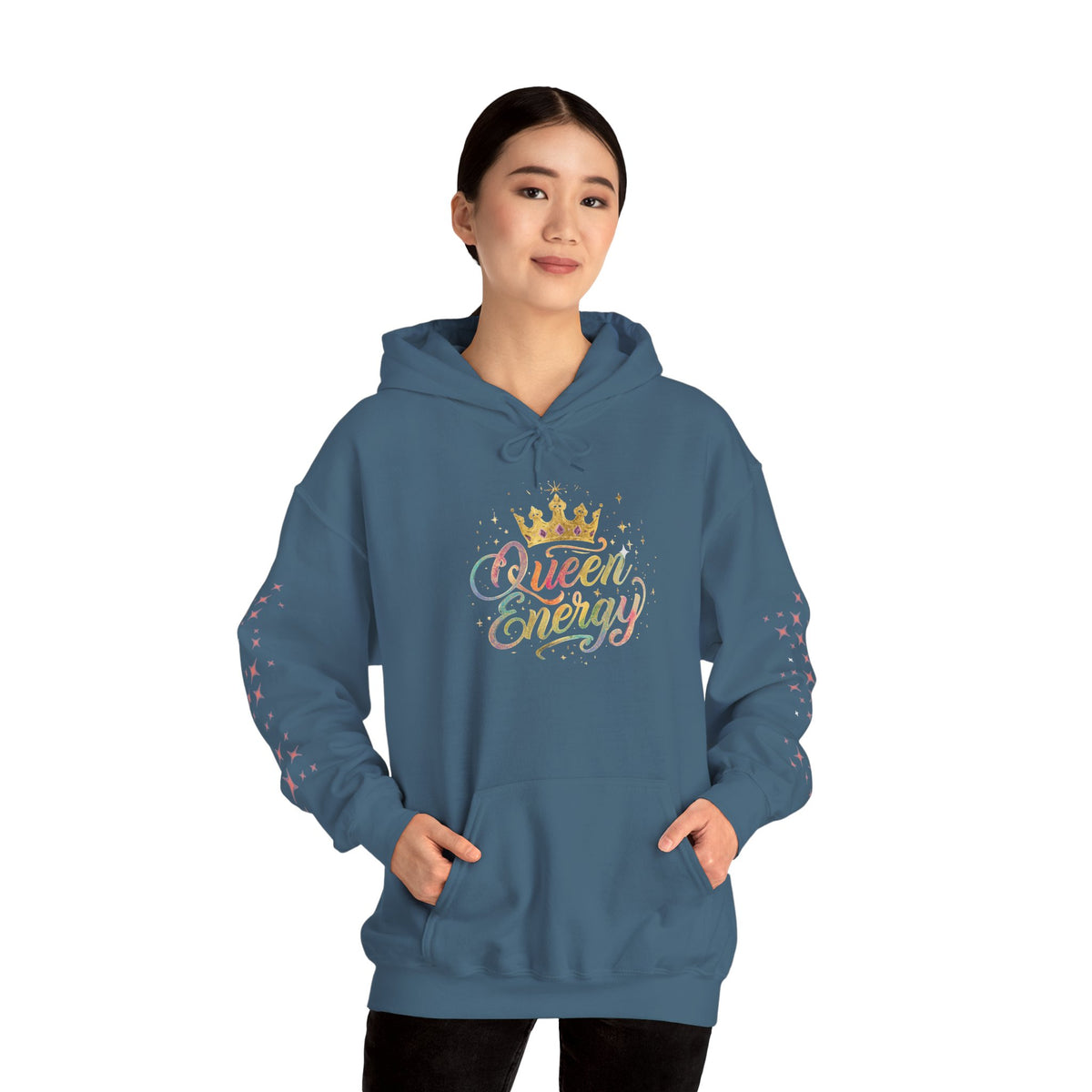 Queen Energy Hoodie — Feminine Crown Graphic Pullover with Star Sleeve Accents