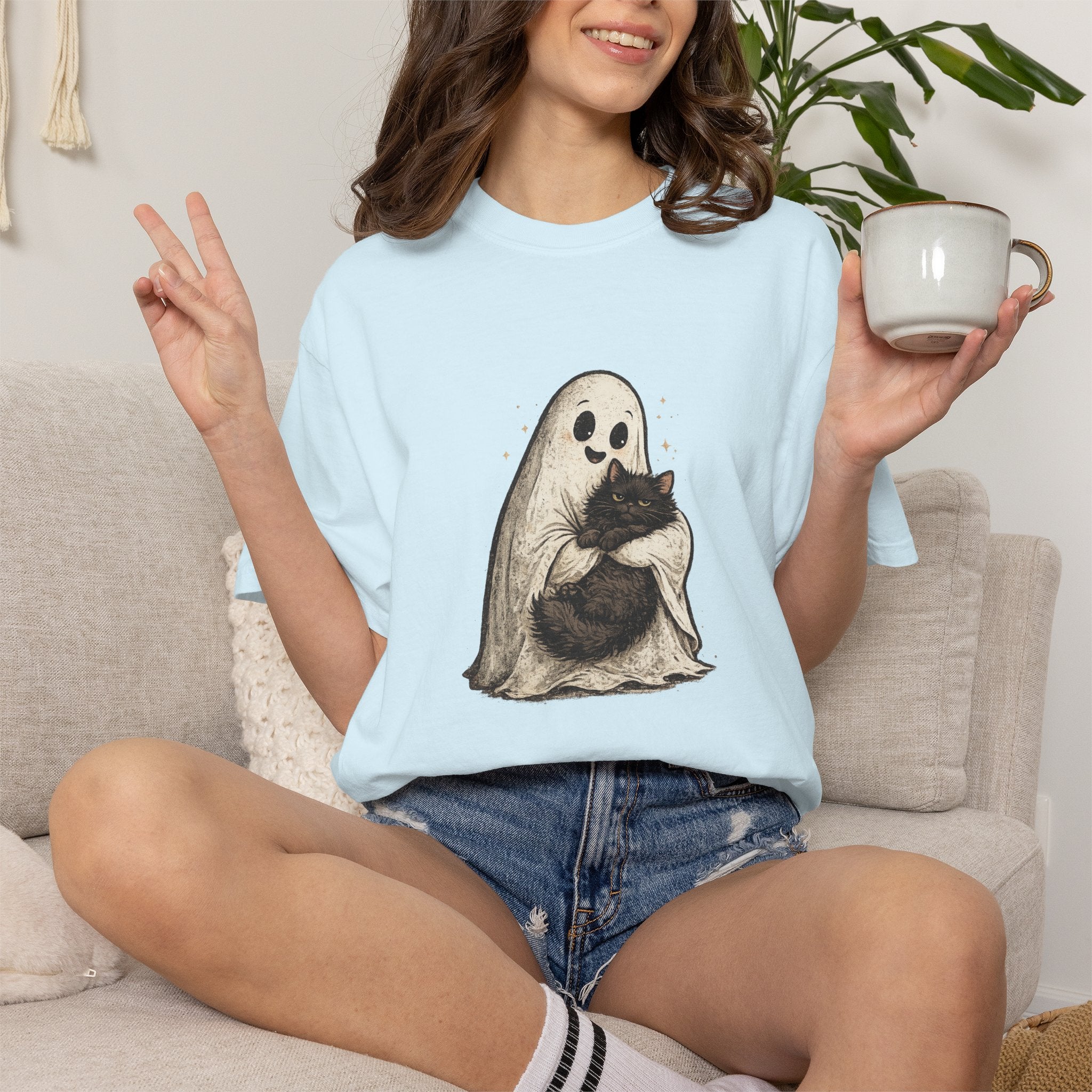 Boo & Meow Ghost Hugging Black Cat T-Shirt | Cute Spooky Tee