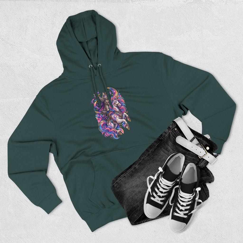 Colorful Cosmic Cat Riding a Unicorn — Vibrant Nebula Graphic Pullover