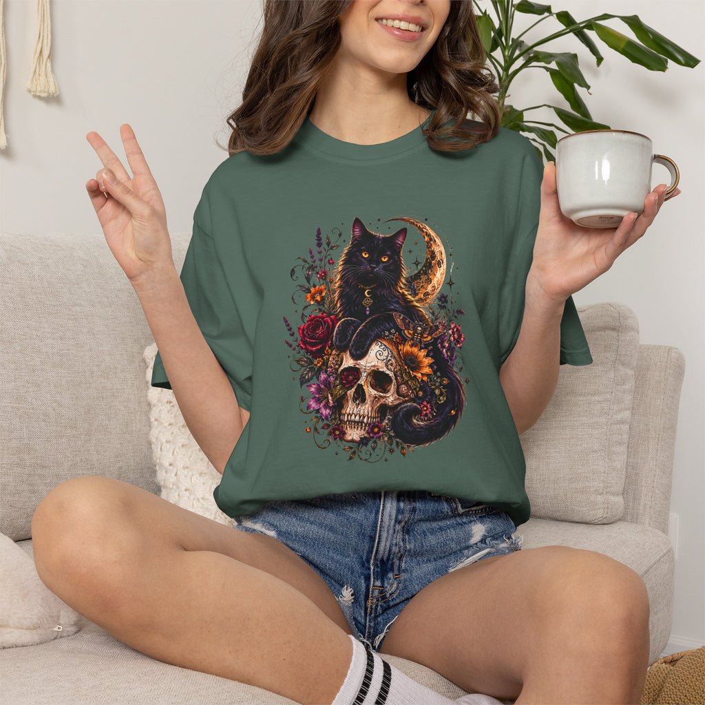 Cat & Skull Gothic T-Shirt — Black Cat Moon Floral Graphic Tee