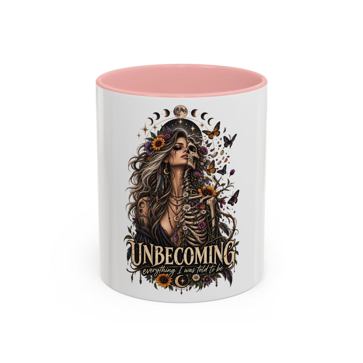 Unbecoming Empowerment Coffee Mug — Sunflowers Woman Skeleton & Moon Phases 11/15oz Accent Mug