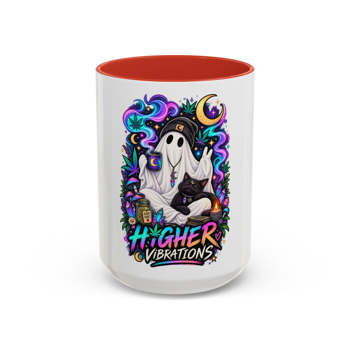 Higher Vibrations Coffee Mug — Cute Ghost & Cat Accent Mug (11/15 oz)