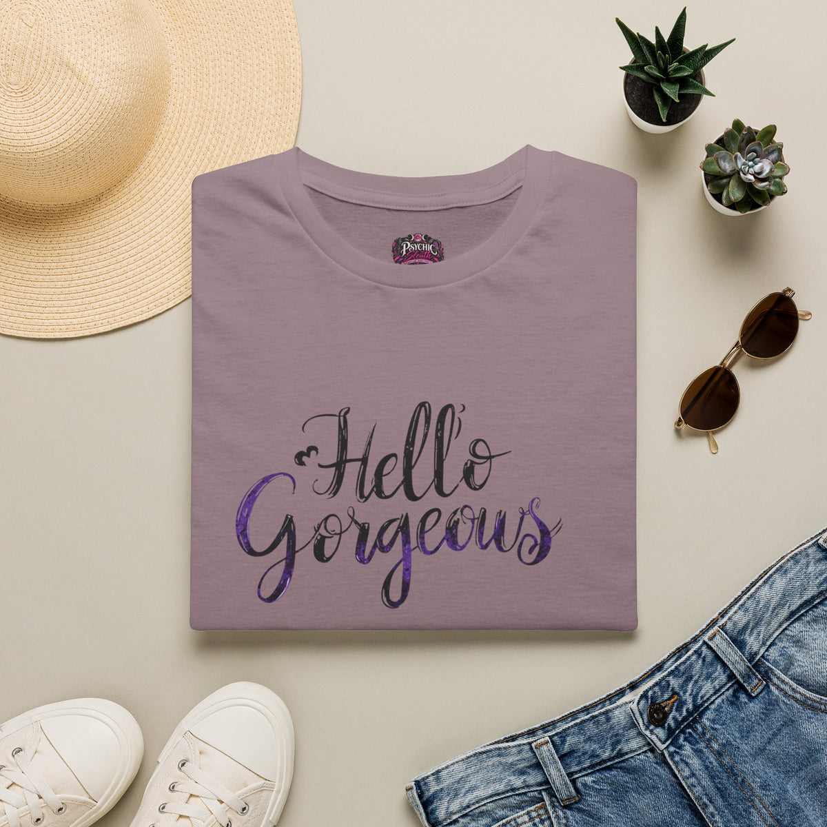 T-Shirt — "Hello Gorgeous" Purple Black Script Graphic Tee