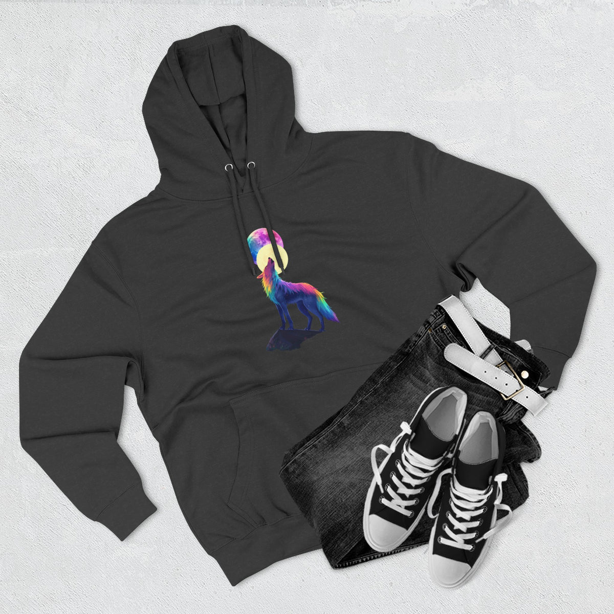Rainbow Wolf Silhouette Hoodie | Colorful Moon Graphic