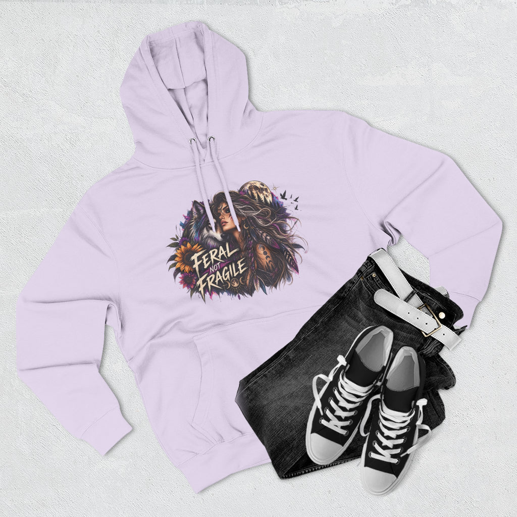 Feral Not Fragile Wolf & Woman Graphic Hoodie — Wildlife Fleece Pullover