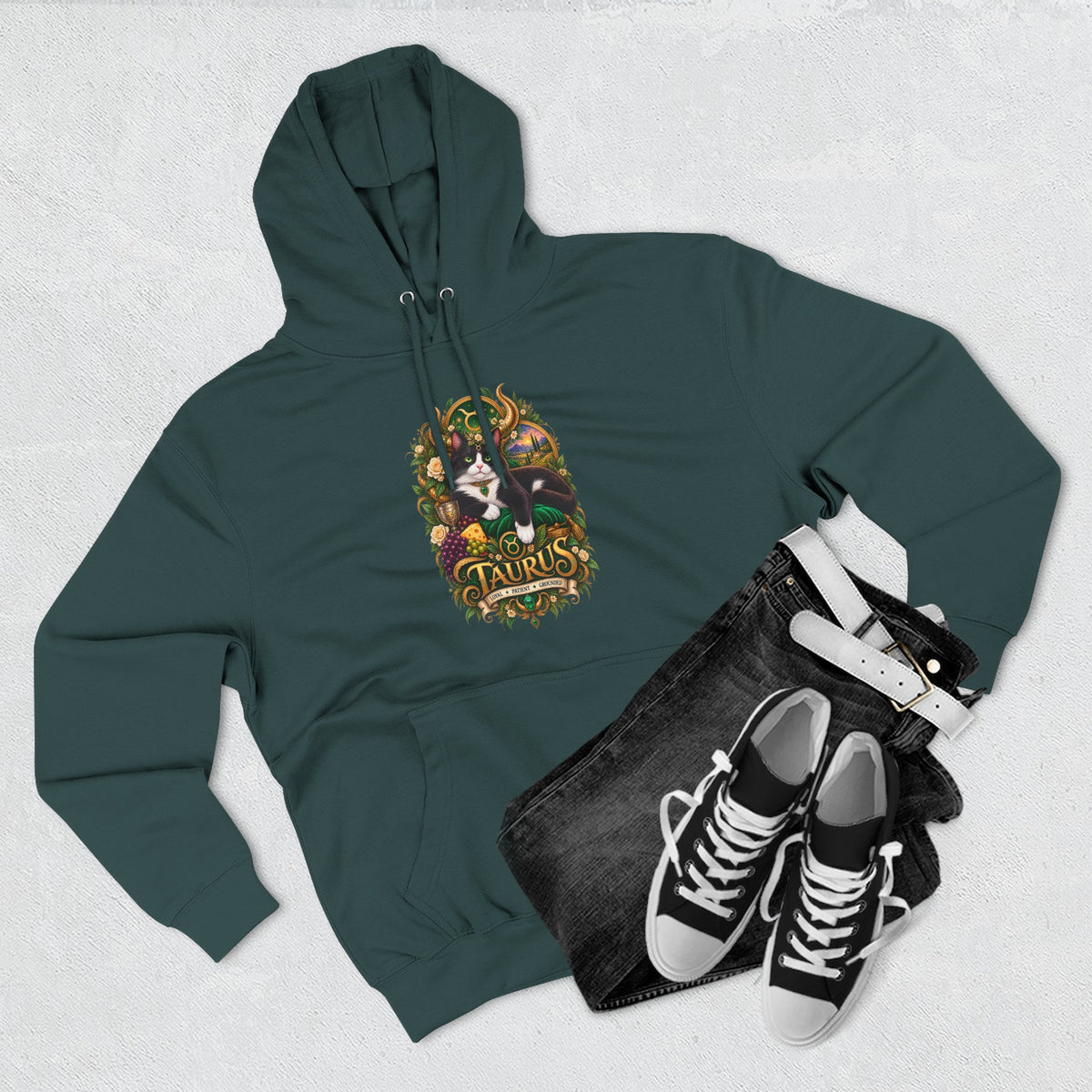 Taurus Tuxedo Cat Zodiac Hoodie — Earthy Bull Constellation Graphic Fleece Pullover