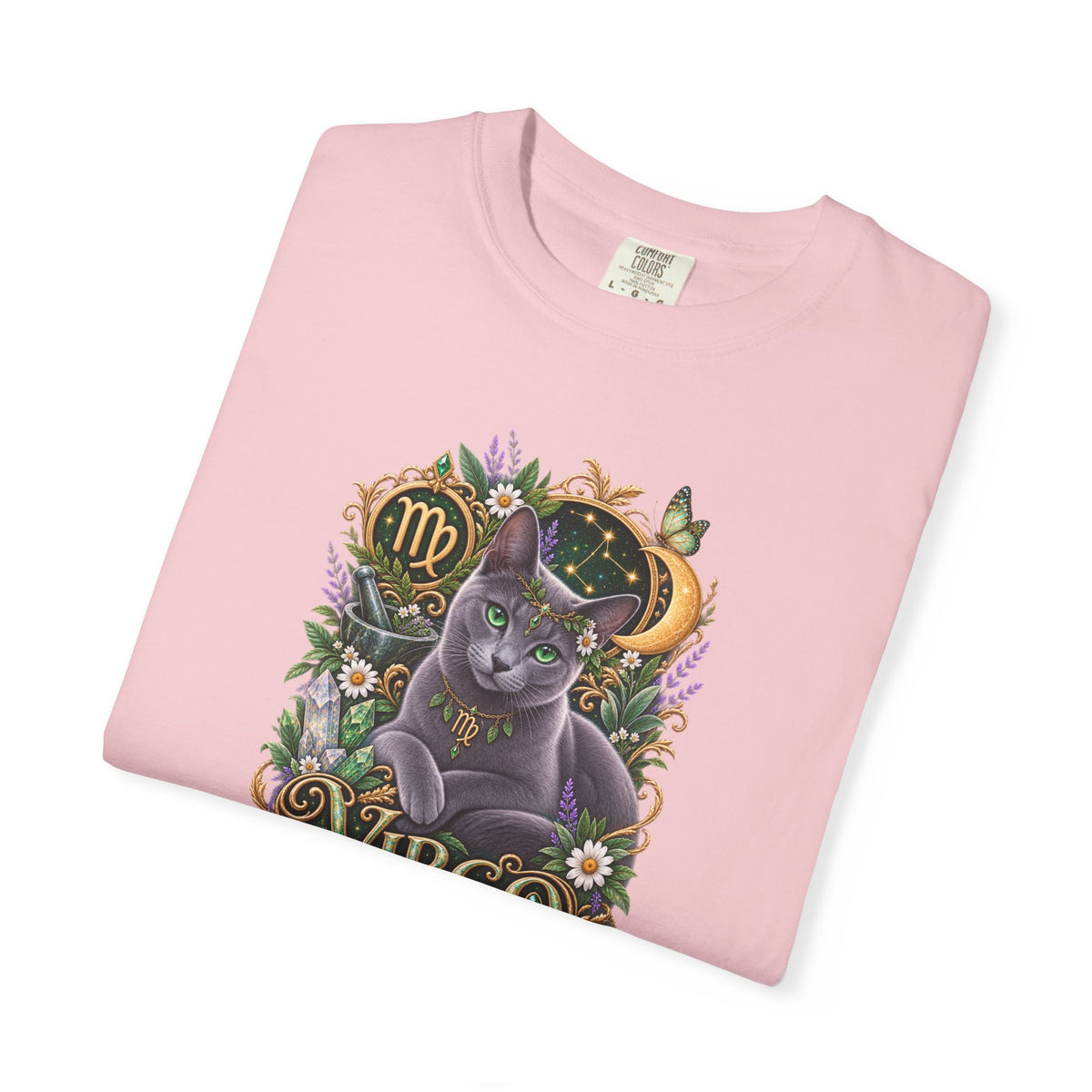Virgo Cat Zodiac T-Shirt — Virgo Astrology Tee with Russian Blue & Floral Design