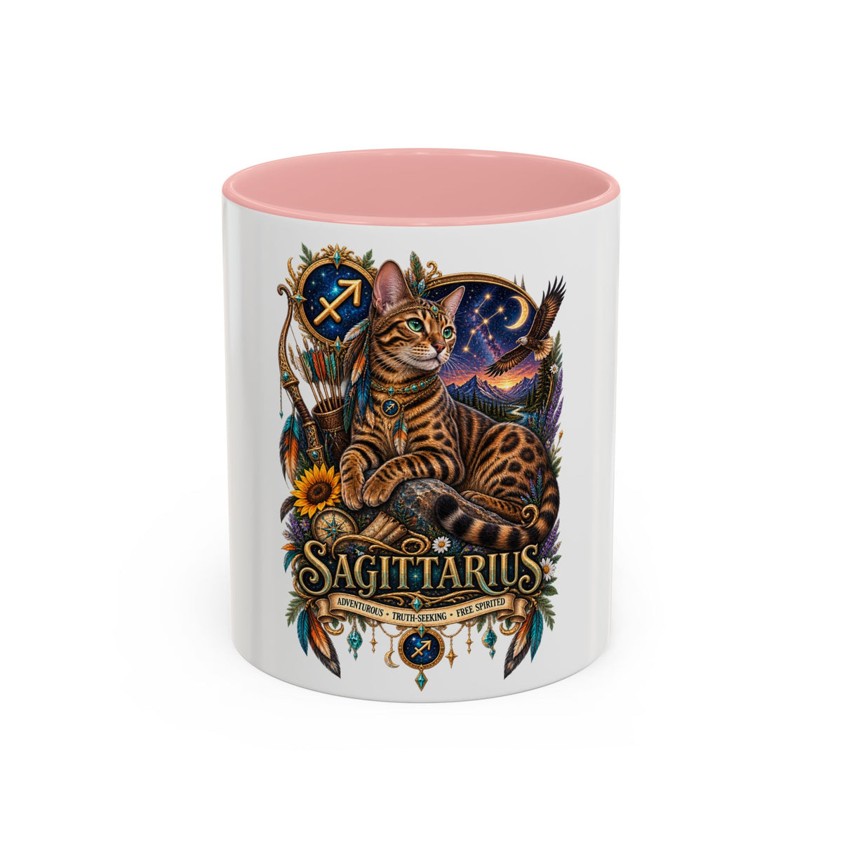 Sagittarius Bengal Cat Zodiac Coffee Mug — Cat Archer Astrology Accent Mug (11/15oz)